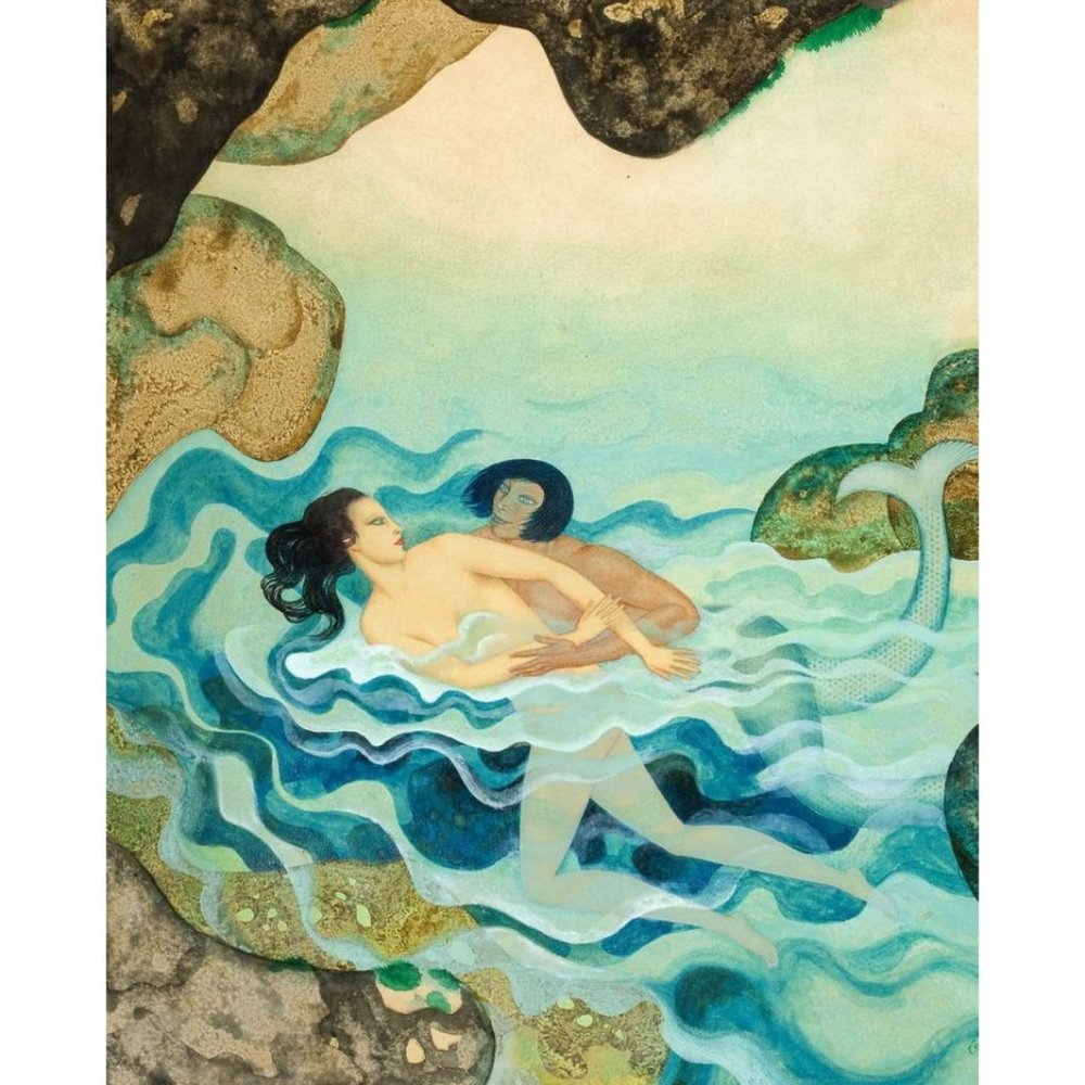 Art Deco Mermaid Lovers in the Ocean Print